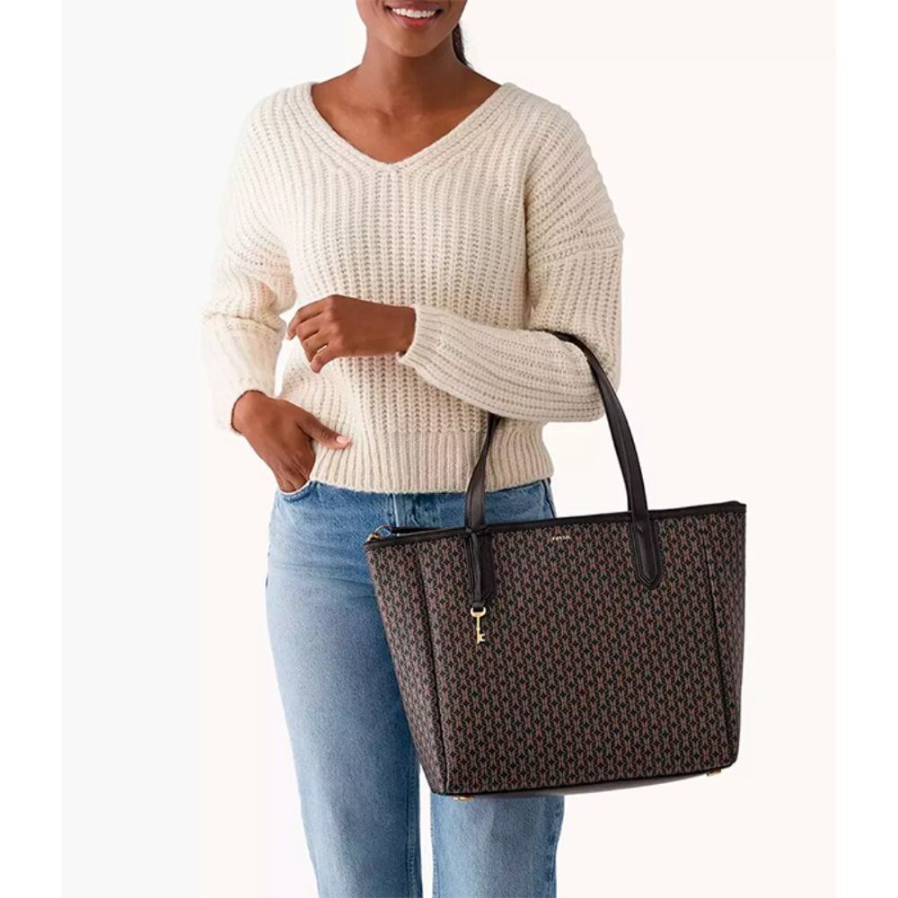 S Fossil Sydney XL Signature Tote Bag Black Brown Purse SHB2816015 Brass NWT$230